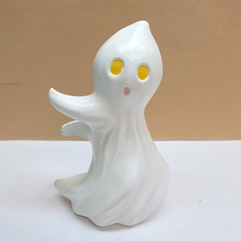 Vtg Ceramic Ghost Taper Candle Holder Halloween Decor White Yellow Eyes 6.25"H